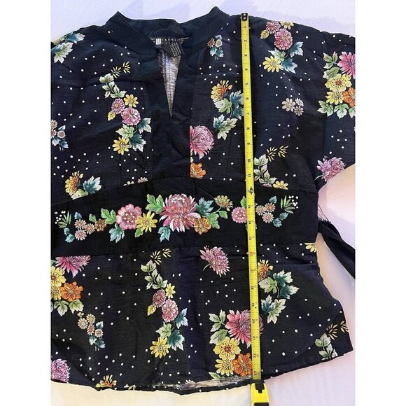 Vintage 90s Carole Little black floral kimono style shirt szS beaded bohemian - Picture 7 of 7